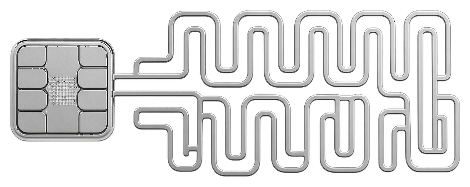 Corte de una etiqueta RFID: chip, antena y material