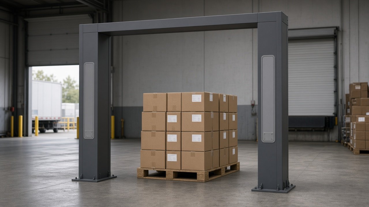 Portal RFID en el muelle de un depósito leyendo un pallet